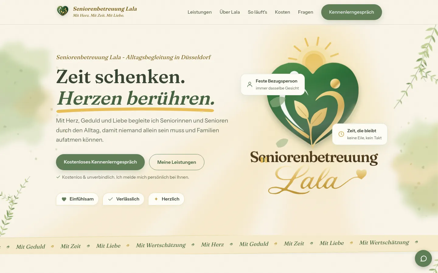 Startseite der Seniorenbetreuung Lala: Zeit schenken, Herzen berühren.